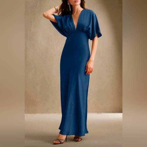 New Flowy Satin Dolman Sleeve High Waist Maxi Dress Blue - Picture 5 of 9